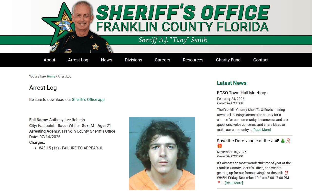 Franklin County Sheriff Arrest Log page without release fields