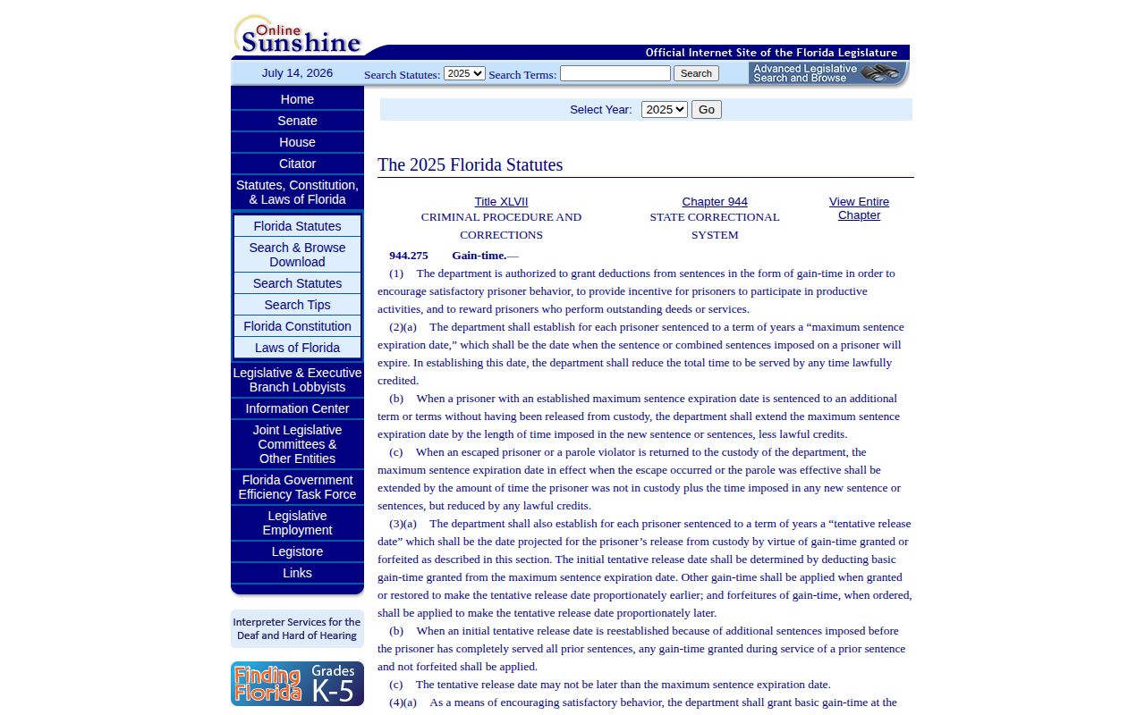 Florida gain-time statute for Franklin County projected release dates